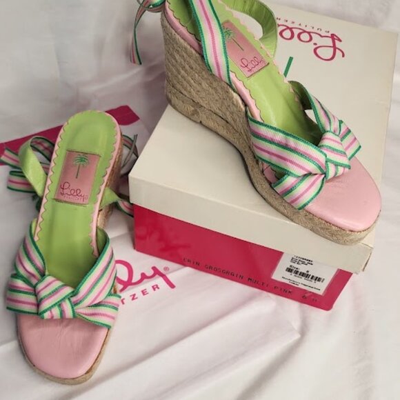 Lilly Pulitzer Erin Wedge Sandal – Pink & Green Ribbon – Size 6 - Picture 4 of 4